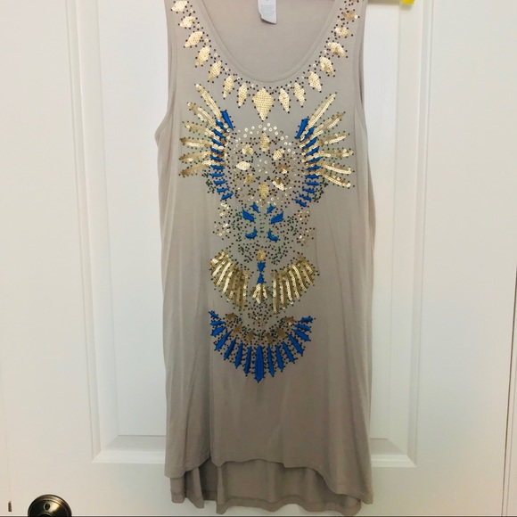 Sequin Embroidered Gold & Blue Sunburst Design Top - Picture 1 of 8